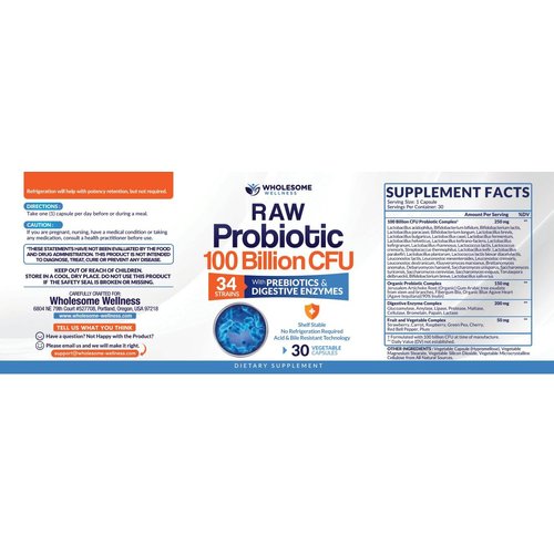 Wholesome Wellness Organic Raw Probiotics 100 Billion CFU, Dr Formulated for Women and Men, Complete Adult Supplement with Prebiotics and Digestive Enzymes; 30 Capsules, Shelf Stable