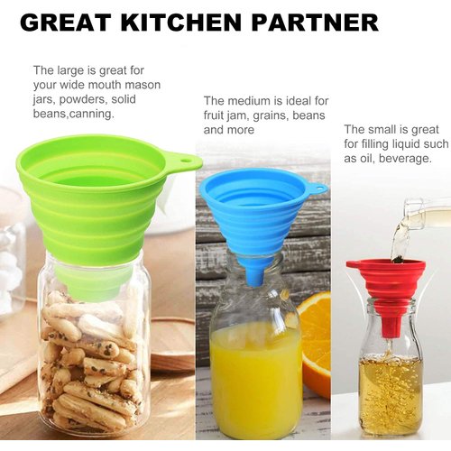 Funnels for Filling Bottles, Kitchen Funnel, Funnels for Kitchen Use, Food Grade Silicone Collapsible Funnel, Liquid, Powder Transfer (3 Pack)