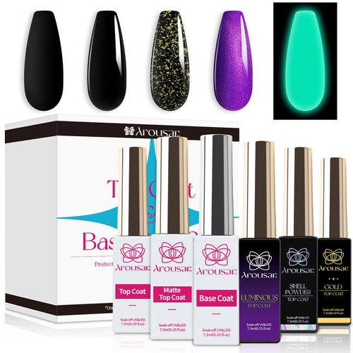 Arousar Gel Base and Top Coat Set, 6pcs Combination Base Coat Nail Polish with Matte, No Wipe, Gold Foil, Glow in the Dark and Seashell Top Coats Kit for Easy and Creative Nail Art