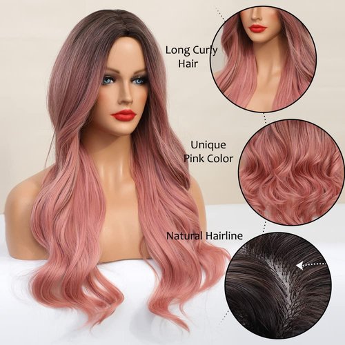 Qihang Pink Wigs for Women, Long Wavy Curly Wig, No Lace Colored Wigs, Ombre Black to Pink Wig, Synthetic Wigs With Middle Part for Daily Cosplay Party Replacement 24inch