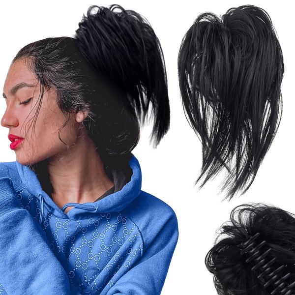 QTHQTFL Messy Bun Hair Piece Claw Clip Hair Buns Short Straight Ponytail Bun Hair Extensions Tousled Updo Messy Hair Bun Scrunchies for Women Girls (#1B)