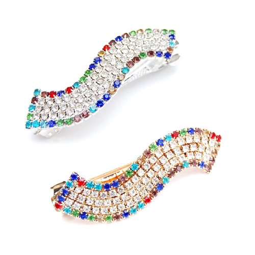 Luxxii - Clear Rhinestone Crystal Hair Barrette Clip Hair Pin (Pack 2, Silver,Gold Tone_E)