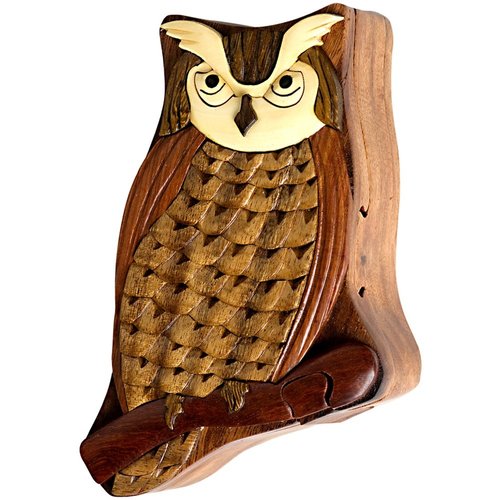 Owl Handmade Carved Wood Intarsia Puzzle Box