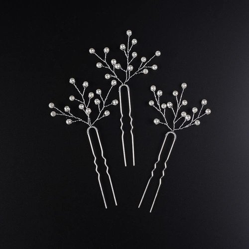 Jumwrit Pearl Wedding Hair Pins Bridal Hair Pins Set 3pcs Women Wedding Hair Pins Handmade Bridal Headpieces Hair Accessories（Silver）