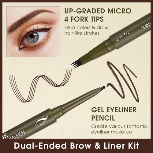 UCANBE Eyebrow Pen, Dual-Ended Eyebrow Pencil with 4-Fork-Tip & Gel Eyeliner for Women, Eye Brow Pen with Gel Eyeliner Pencil, Microblading Eyebrow Pencils with Hair Like Strokes, Classic Brown