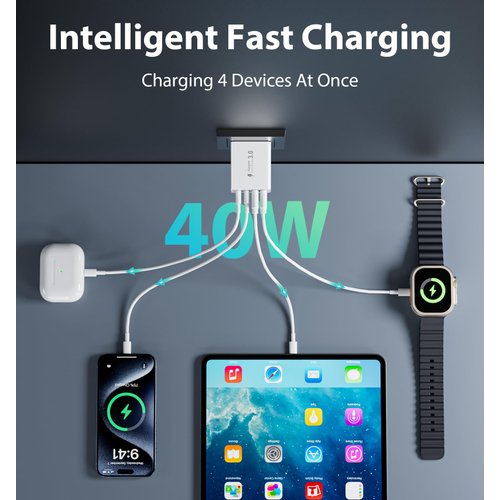 (2-Pack) 40W USB C Charger Block Fast Charging Cube 4-Port Type C Brick Dual PD&QC Wall Plug Adapter for iPhone All Series & iPad, Tablets, for Samsung, Cell Phones Android