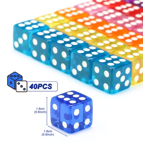 40pcs 6-Sided Game Dice Set Standard Game Dice for Broad Game Math Teaching Translucent Acrylic Game Dice with 8 Colors (5pcs/Set)
