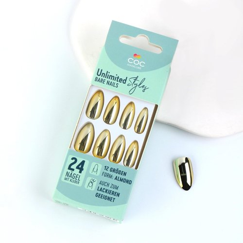 24Pcs Gold Chrome Metal Press on Nails Glossy Shine False Nails Gel Glue on Nails Sparkly Mirror Medium Almond Manicure Art Acrylic Fake Nails Stick on Nails with Chrome Design for Coquette Women