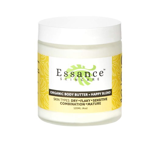 Essance - Organic Body Butter, Non-Irritating & Nourishing Natural Body Butter, Shea Butter for Sensitive Skin, Mature, & Normal Skin Types, Happy Blend, 120m