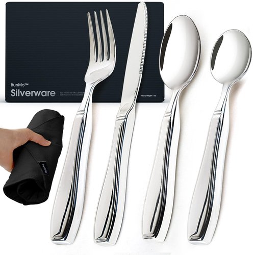 BUNMO Utensils for Elderly, Arthritis, Weak Hand Grip & Handicapped - Convenient Travel Pouch - for Tremors and Parkinsons Patients - Stainless Steel - Eat Independently - Weighted 4 Piece Set