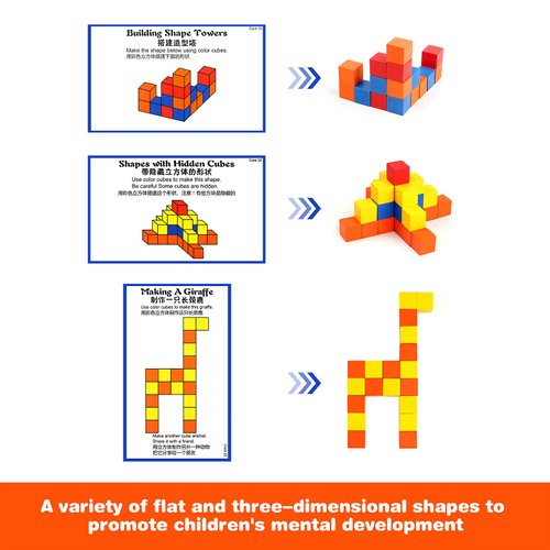YHZAN Wooden Cube Building Blocks for Kids with Challenge Cards Shape Puzzle Math Material Assorted Colors for Preschool Classroom Supplies for Teachers Elementary Stem Toy