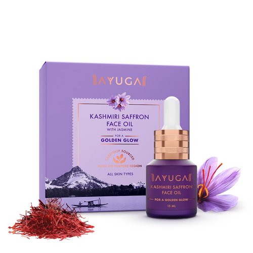 Ayuga Kashmiri Saffron Face Oil for Golden Glow | with Jasmine & Kumkumadi Tailam | Facial Massage Oil for Spots, Marks & Wrinkles | Non-Comedogenic | 0.51 Fl Oz/15ml