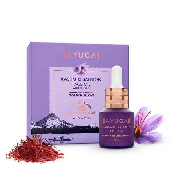 Ayuga Kashmiri Saffron Face Oil for Golden Glow | with Jasmine & Kumkumadi Tailam | Facial Massage Oil for Spots, Marks & Wrinkles | Non-Comedogenic | 0.51 Fl Oz/15ml