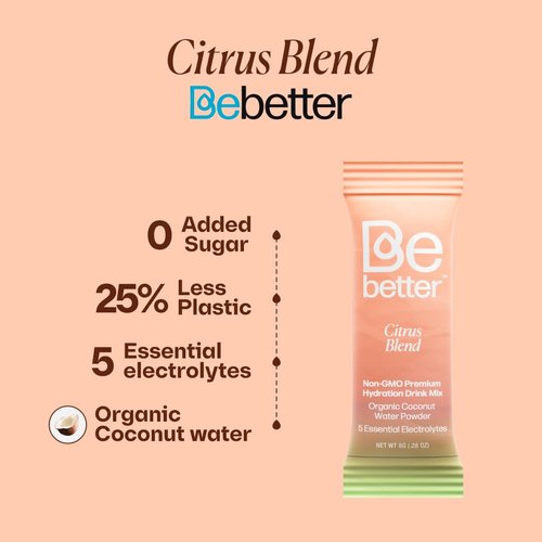 BeBetter Organic Electrolytes Powder Packets | Daily Electrolyte Drink Mix | Organic Coconut Water | No Artificial Flavors | Sugar Free Hydration Packets | non-GMO | 22 Hydration Sticks (Citrus Blend)