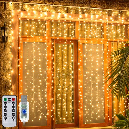 Ollny Curtain Lights 200LED 6.6x6.6ft, USB Warm White Fairy Lights with Remote 8 Modes Dimmable Timer, Waterproof Hanging Lights for Bedroom Wall Outdoor Indoor Backdrop Window