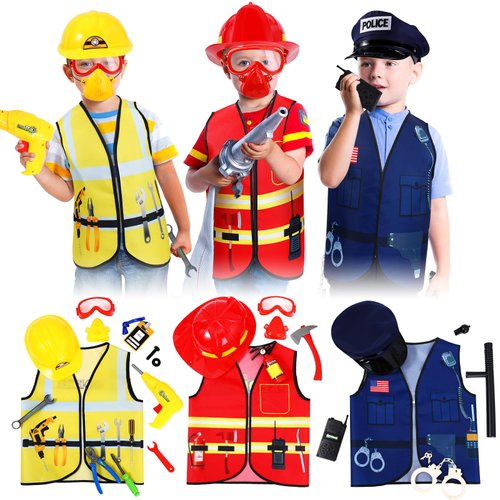 Bonuci 3 Sets Kids Role Play Clothes for Kids Age 3-7 Years Old, Dress up Costumes Vest Set Police, Fireman and Worker for Toddler Kids Boys Pretend Role Accessories