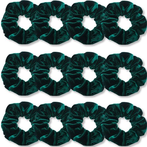 IVARYSS Dark Green Scrunchies, Premium Velvet Soft Hair Scrunchy Bulk, Solid Colors Thick Elastic Bands, Hair Accessories for Women and Girls, 12 Pack