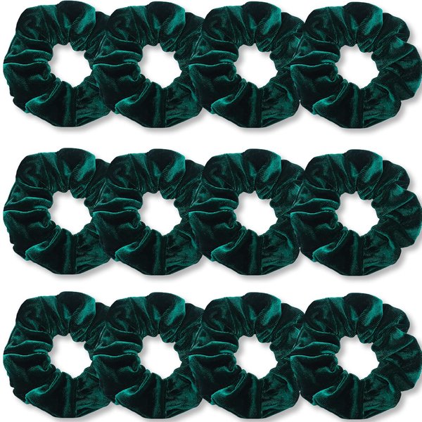 IVARYSS Dark Green Scrunchies, Premium Velvet Soft Hair Scrunchy Bulk, Solid Colors Thick Elastic Bands, Hair Accessories for Women and Girls, 12 Pack