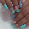 24pcs Square Press on Nails Medium Fake Nails Glossy Glue on Nails Blue Green with Butterfly Nail Sequin Design False Nails Acrylic Full Cover Stick on Nails for Women Manicure