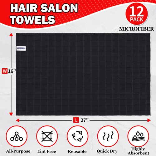 HOMERHYME Black Salon Towels, 12 Pack Bulk Hand Towels, Quick Dry Microfiber Hair Towels, Soft Absorbent Gym Towels for Working Out, Bathroom, Spa & Hair Care (Not Bleach Proof) 16'' X 27''