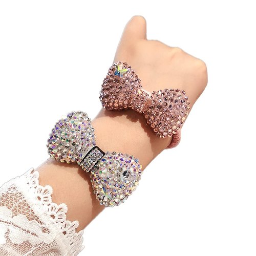 Xiwstar 2Pcs Bow Hair Scrunchies Bling Crystal Rhinestone Bowknot Scrunchie Bobbles Elastic Pearls Hair Ties Bands Ponytail Holder for Women Hair Accessories