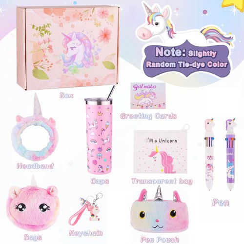 Haclury Unicorn Gifts Set for Girls Kids Toys Christmas Birthday Gift Box for Teen Girl, Little Girl Gift Age 6-8 Basket with Stainless Steel Tumbler/Crossbody Bag/Unicorn Headband