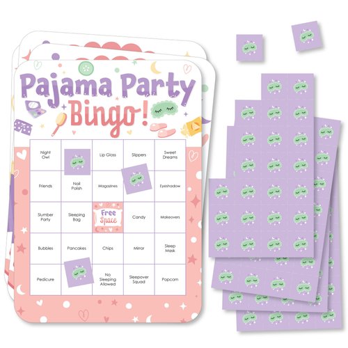 Big Dot of Happiness Pajama Slumber Party - Bingo Cards and Markers - Girls Sleepover Birthday Party Bingo Game - Sleepover Games - Girls Party Games -Set of 18