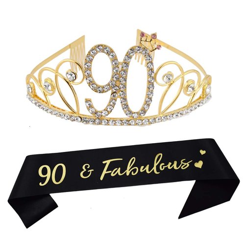 Dgasin 90th Birthday Tiara and Sash Happy 90th Birthday Party Supplies Decorations 90 Fabulous Glitter Sash and Gold Crystal Crown for Women