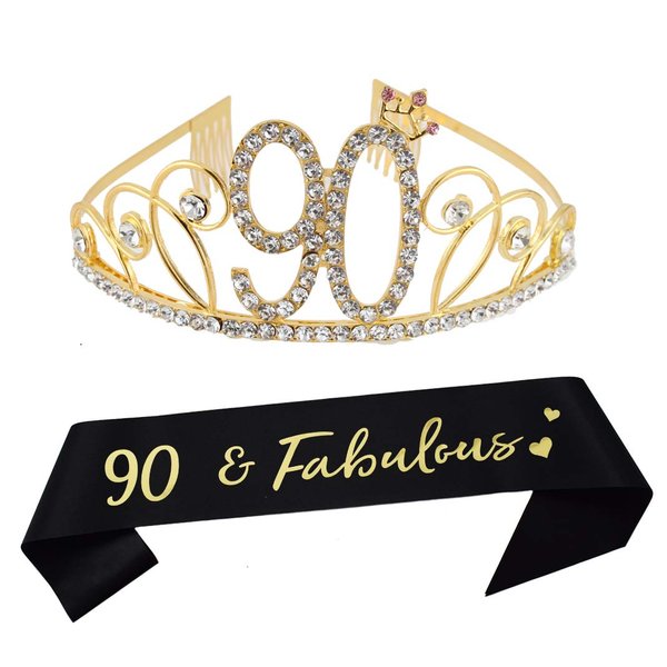 Dgasin 90th Birthday Tiara and Sash Happy 90th Birthday Party Supplies Decorations 90 Fabulous Glitter Sash and Gold Crystal Crown for Women