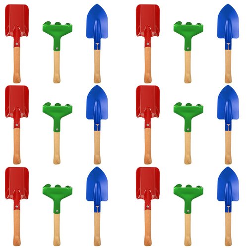 18 Pcs Kids Gardening Tools Set, Metal Kids Yard Tools with Sturdy Wooden Handle Safe Children Beach Sandbox Toy Sand Play Tools for Flower Soil Planting Loosening Digging, Trowel, Rake, Shovel