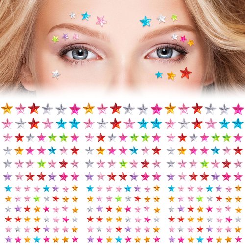 Isslly 352 Pcs Cute Star Face Gems Stickers, Mixed Colors and Sizes Eye Face Rhinestones, Women Girls Body Jewels Makeup Star Tattoo Stickers for Rave, Festivals, Parties -4 Sheets (1 Sheet/88pcs)