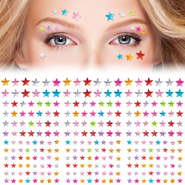 Isslly 352 Pcs Cute Star Face Gems Stickers, Mixed Colors and Sizes Eye Face Rhinestones, Women Girls Body Jewels Makeup Star Tattoo Stickers for Rave, Festivals, Parties -4 Sheets (1 Sheet/88pcs)