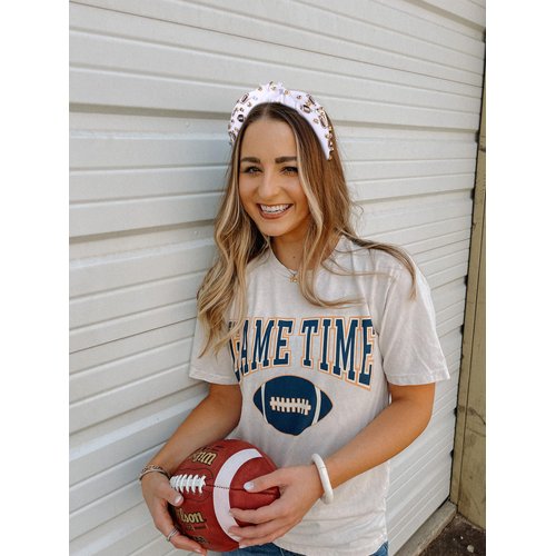 Football Knotted Headband Rhinestone Crystal Wide Headband Headpiece Football Beaded Dangle Earrings Game Day Hairband Hair Accessories Gift for Football Mom (white football headband earings)