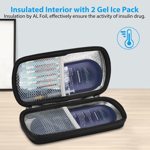MEDMAX Hard Shell Insulin Cooler Travel Case with 2 Ice Pack, Shock Absorption Insulated Diabetic Medication Organizer Carrying Bag with Extra Pouch for Insulin Pen and Other Diabetic Supplies, Black