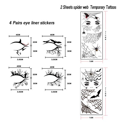 4 Pairs Halloween Eye Shadow Stickers Eyeliner Decals Spider Web Skull Bat Temporary Tattoo Stickers Face eye Makeup Stickers for Women Girls Halloween Masquerade Party.