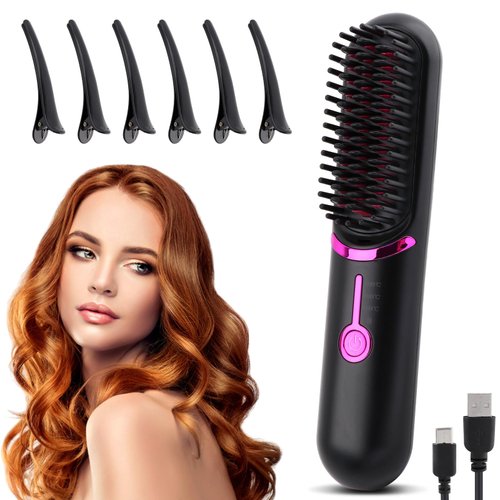 Equivira Cordless Hair Straightener, Hair Straightener Brush with USB Charging Cable & 6pcs Hair Clips, Wireless Hair Straightening (Black)