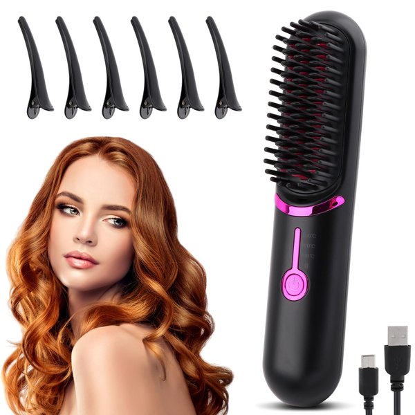 Equivira Cordless Hair Straightener, Hair Straightener Brush with USB Charging Cable & 6pcs Hair Clips, Wireless Hair Straightening (Black)