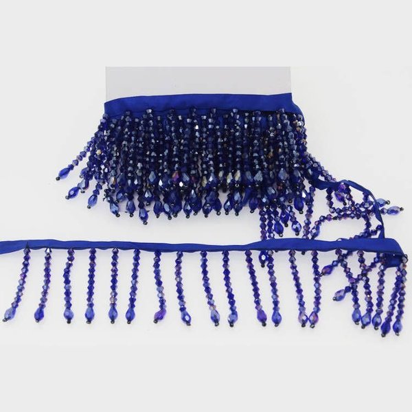 Yalulu 2 Yards Beaded Fringe Trim, 2.1inch Wide Crystal Beads Tassel Lace Ribbon, Tassel Trim Fringe Fabric DIY Craft Sewing Accessory (Blue)