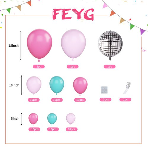 Teal Blue Pink Balloon Garland Arch Kit, Blue Pink Balloon Arch Latex Party Balloons with Inflatable Disco Ball for Girls Music Birthday Party Decorations Wedding Baby Shower Summer Party Supplies