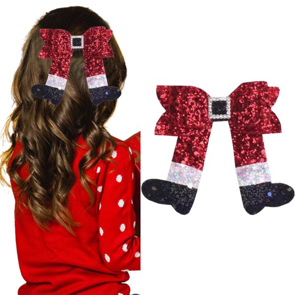 Christmas Hair Clip Sparkly Sequin Christmas Hair Bow Clips Glitter Christmas Boots Hair Bow Barrettes Leather Crystal Hairpin Alligator Hair Accessories for Girls Women Xmas Party Gifts(Style A)
