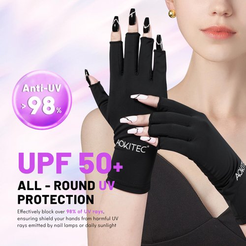 Aokitec UV Gloves for Nails - UPF50+ UV Protection Gloves for Gel Manicures, Anti-UV Gloves for Gel Nail Lamp Fingerless UV Gloves for Nail Art Skin Care Protect Hands from UV Harm (Black)