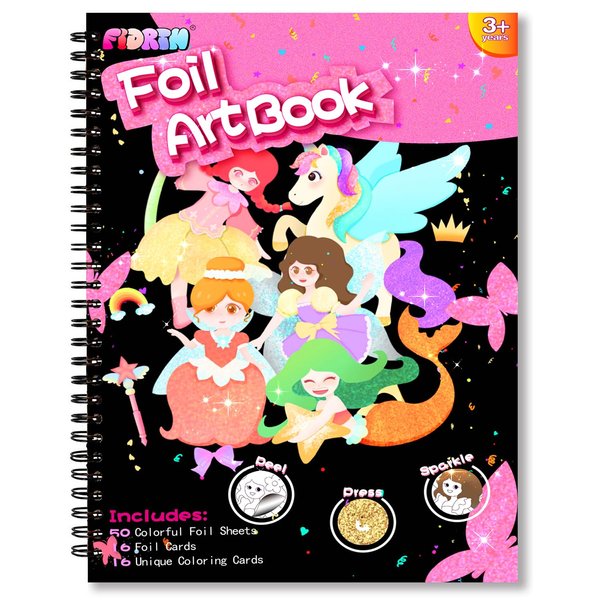 FIDRTH Art Craft Activity for Kids: Foil Fun DIY Travel Toys Supply Set, No Mess Creative Art Kit, Funny Birthday Christmas Gift for Girl Boy Ages 4, 5, 6, 7, 8, 9 (Unicorns & Princesses)