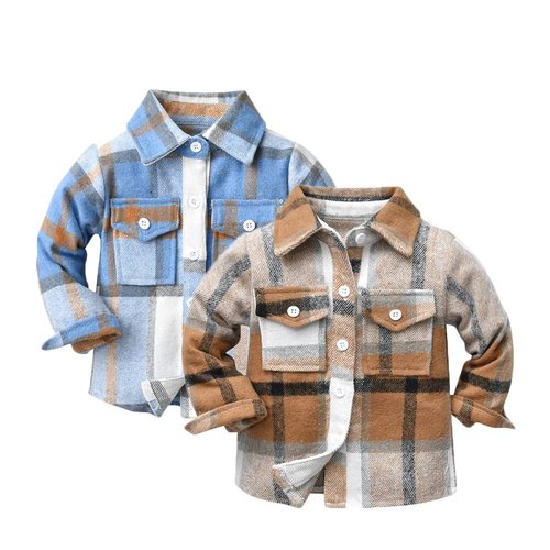 Feidoog Toddler 2 Pack Baby Boys and Girls Plaid Shirts Jacket Long Sleeve Lapel Button Down Shirt Top Outwear Clothes,Blue+Brown,4-5T