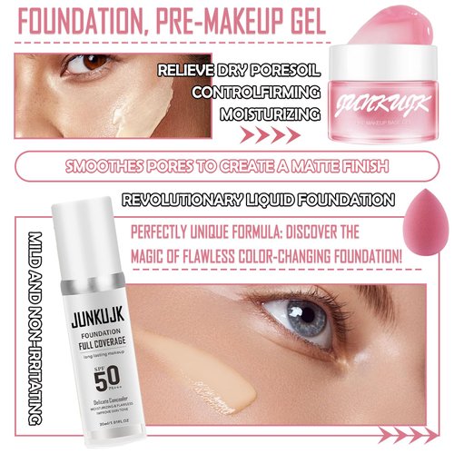 Color Changing Foundation Set,Flawless Liquid Foundation Full Coverage with Makeup Base Gel & Makeup Sponge Egg