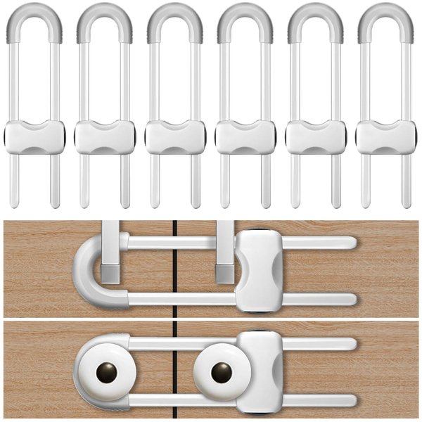 6PCS Cabinet Locks for Babies, Adjustable U-Shaped Child Safety Locks, Multifunctional Cabinet Handle Lock for Drawers for Cabinets, Drawer, Gate, Furniture Doors, Closet with Secure Lock Buttons