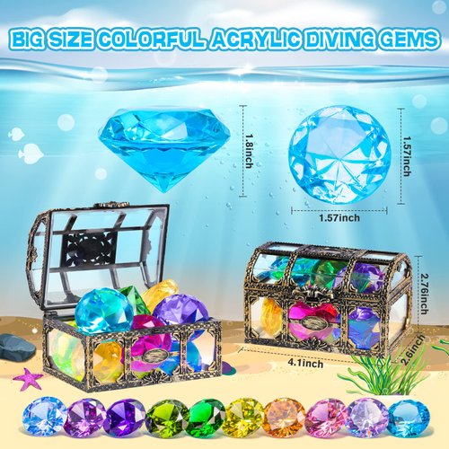 Diving Gem Pool Toy 10PCS DISHIO Big Colorful Diamond Diving Toy with Treasure Box Chest Pirate Pool Toys for Kids&Toddlers Underwater Sinking Dive Gemstone for Swimming Bath Birthday Party Decoration