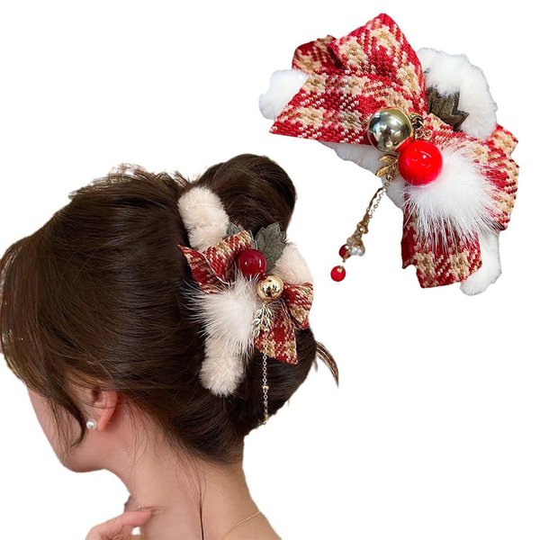 Christmas Claw Clips Christmas Hair Accessories 1 Pcs Plush Hair Claw Clips with Tassel Xmas Plaid Bows Hairpins Nonslip Claw Clip with Bells Cute Rhinestone Red Hair Claws for Women Girls
