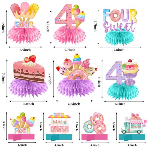 We All Scream 4 Ice Cream Birthday Party Decorations Honeycomb Centerpieces for Girl Boy, 4 Year Old Ice Cream Donut Theme Bday Table Centerpieces Party Supplies, I Scream Fourth Bday Table Decor Sign