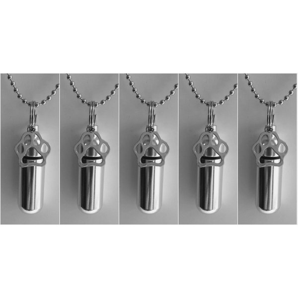 Pasco Specialty Products Pet Lover's Set of Five Silver PAW Cremation URN Necklaces - Made in The USA - Includes 5 Pouches, Ball-Chains & Fill Kit