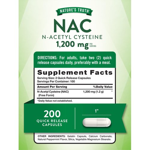 Nature's Truth NAC N-Acetyl Cysteine | 1,200mg | 200 Capsules | Free Form Amino Acid | Non-GMO & Gluten Free Supplement